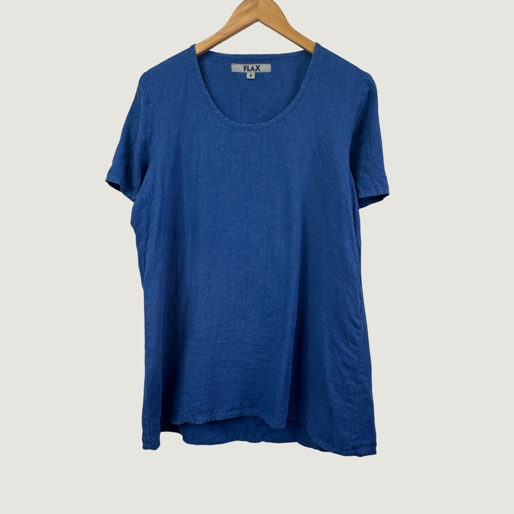 FLAX Linen Top Size S Blue Short Sleeve Lagenlook‎ Coastal Minimalist Blouse